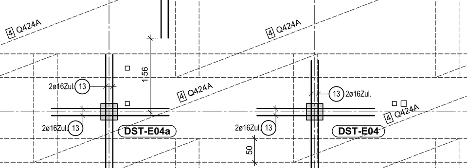 Zugehörige untere Deckenbewehrung mit Matten und Zulagen an denselben Stützen – anonymisierter Originalplanausschnitt.