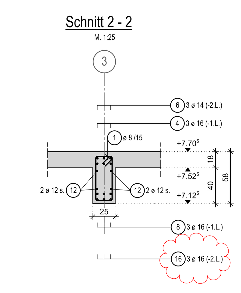 Bewehrungsquerschnitt desselben 25/58-cm-Unterzugs – anonymisierter Originalplanausschnitt.