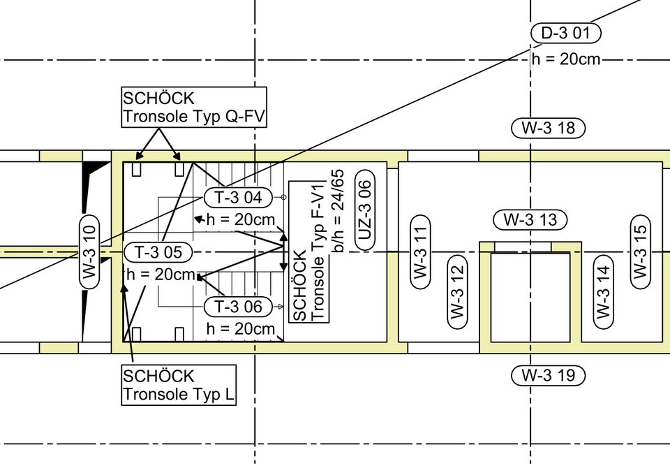 Positionsplan – Wand- und Treppenkern – anonymisierter Originalplanausschnitt.