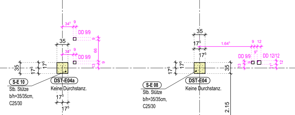 Schalgrundriss mit zwei Stützen und benachbarten Deckendurchbrüchen – anonymisierter Originalplanausschnitt.